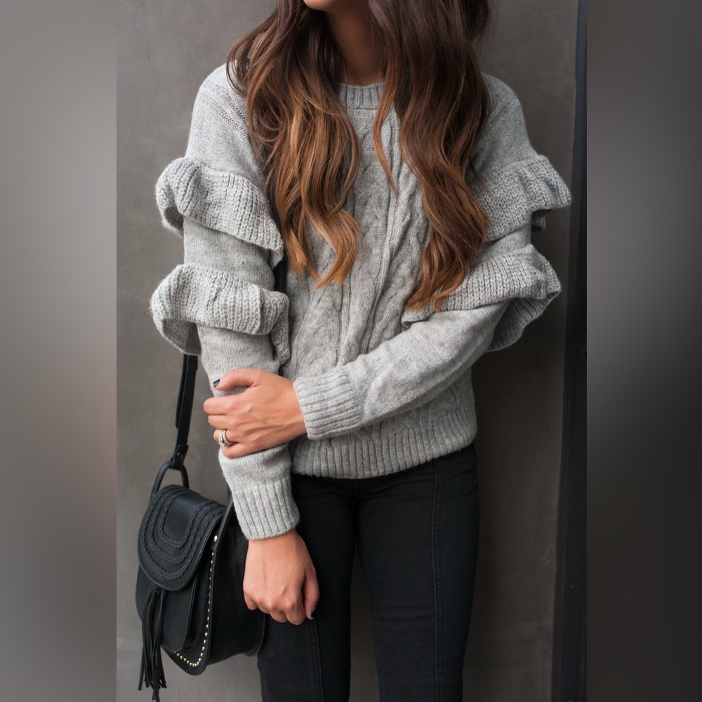 Wayf Light Gray Ruffle Sleeve Sweater